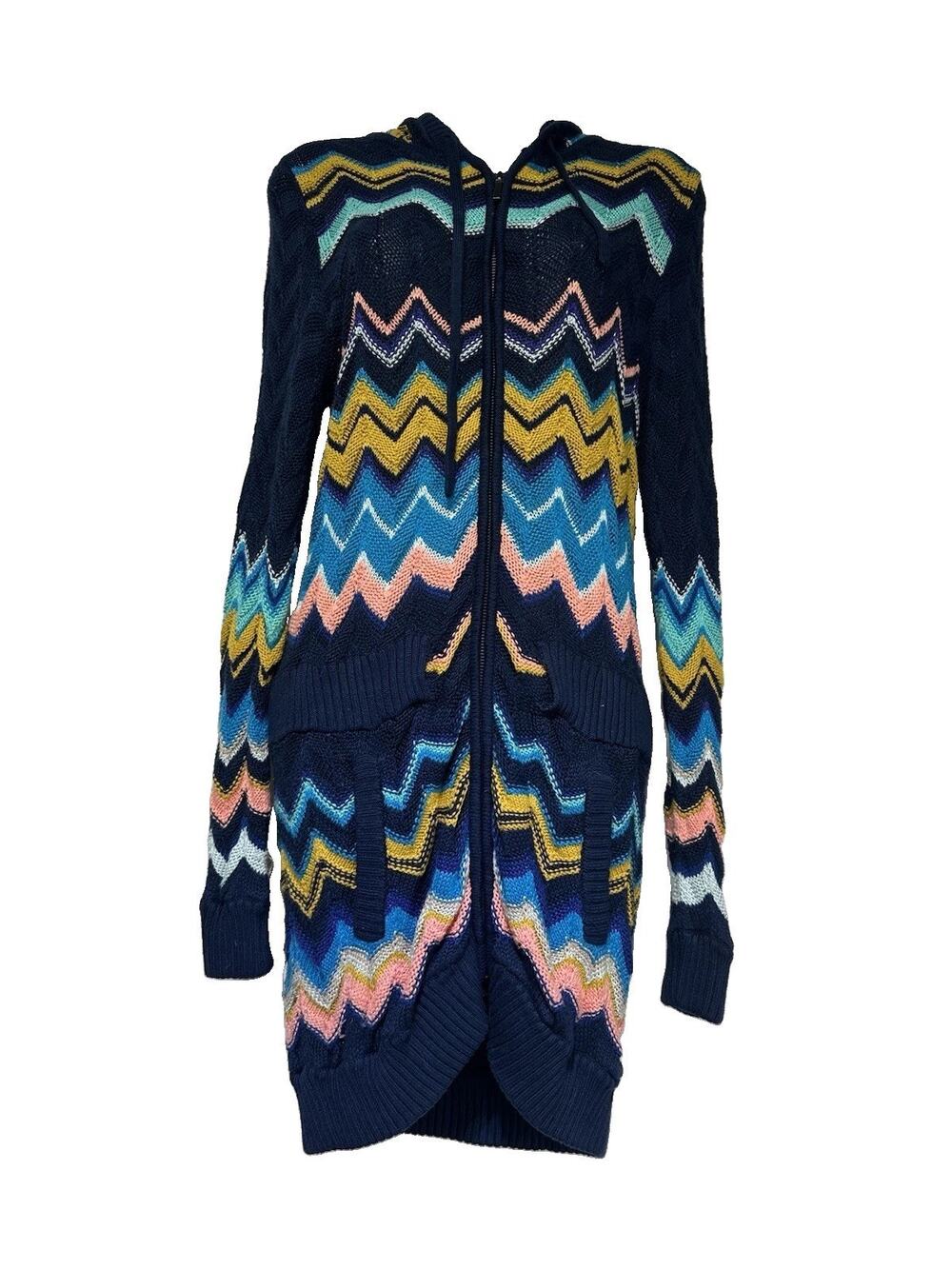 Missoni for Target Sweater Size M Zig Zag Knit Long Line Zip Cardigan Hood